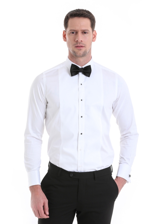 Hatem Saykı - Beyaz Comfort Fit Düz 100% Pamuklu Slim Yaka Manşetli Uzun Kollu Damatlık Gömlek