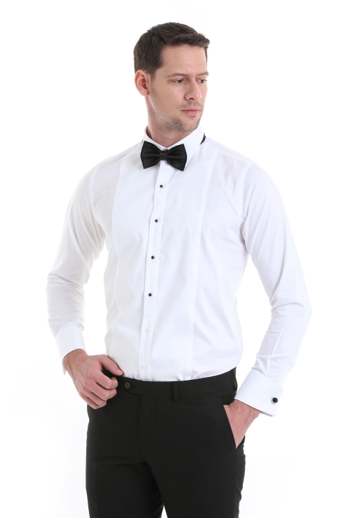 Beyaz Comfort Fit Düz 100% Pamuklu Slim Yaka Manşetli Uzun Kollu Damatlık Gömlek - Thumbnail (3)