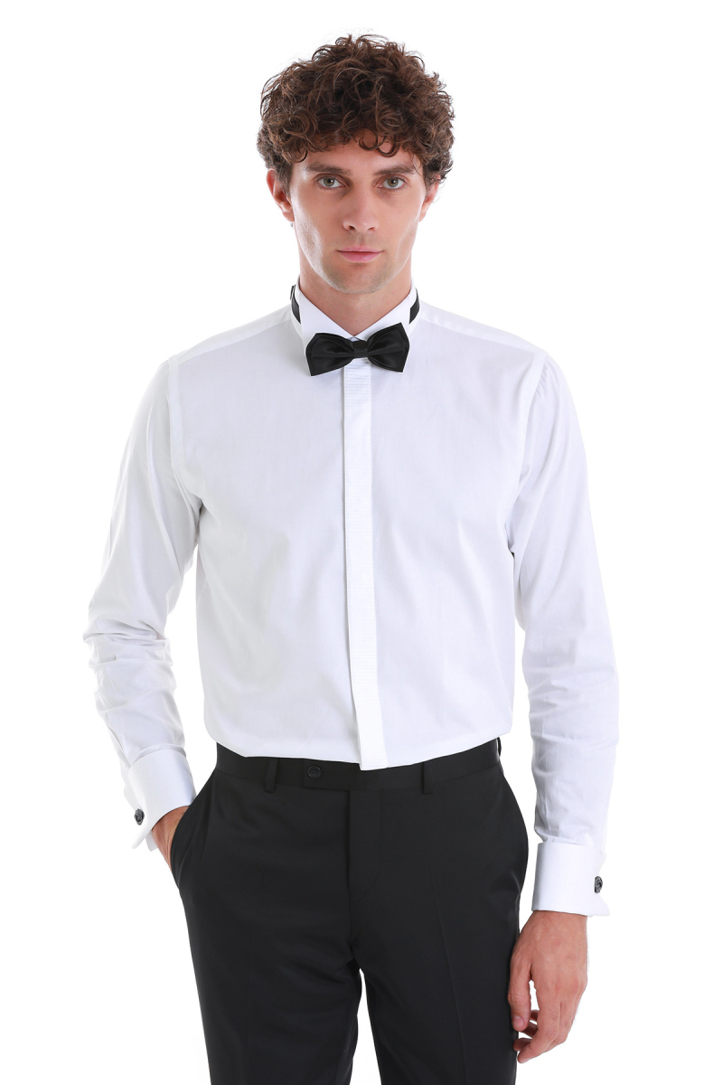 Beyaz Comfort Fit Devrik Manşet Yaka Saten Klasik Damatlık Gömlek - Hatem Saykı