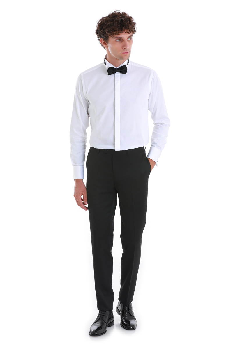 Beyaz Comfort Fit Devrik Manşet Yaka Saten Klasik Damatlık Gömlek - Hatem Saykı (1)