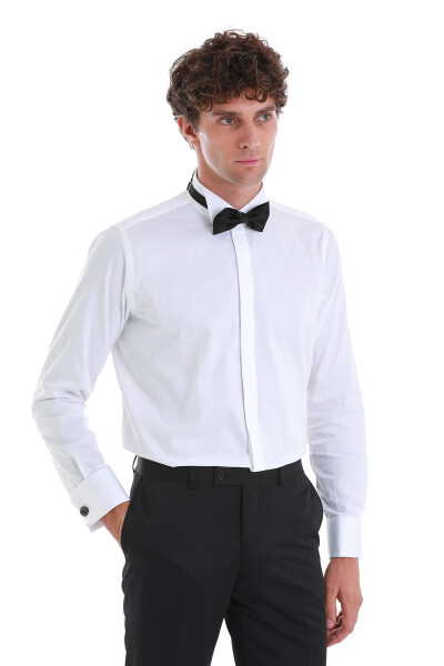 Beyaz Comfort Fit Devrik Manşet Yaka Saten Klasik Damatlık Gömlek - 3