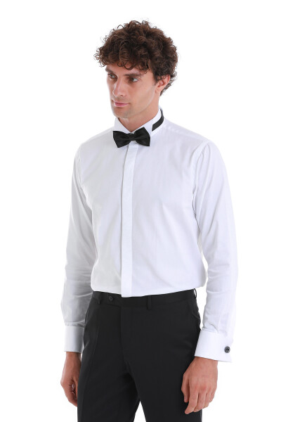 Beyaz Comfort Fit Devrik Manşet Yaka Saten Klasik Damatlık Gömlek - 4
