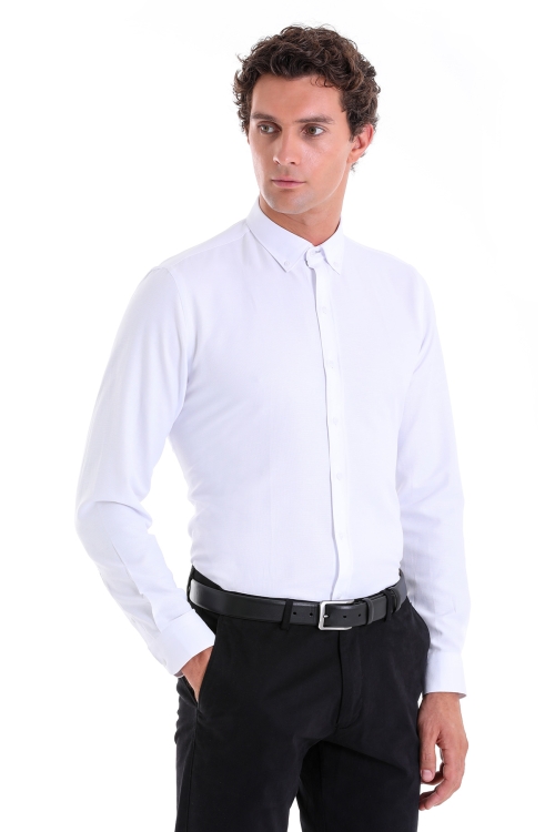 Hatemoğlu - Beyaz Comfort Fit Düz Düğmeli Yaka Uzun Kollu Casual Oxford Gömlek