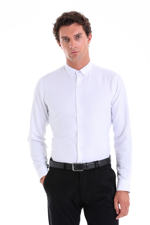 Beyaz Comfort Fit Düz Düğmeli Yaka Uzun Kollu Casual Oxford Gömlek - Thumbnail (1)