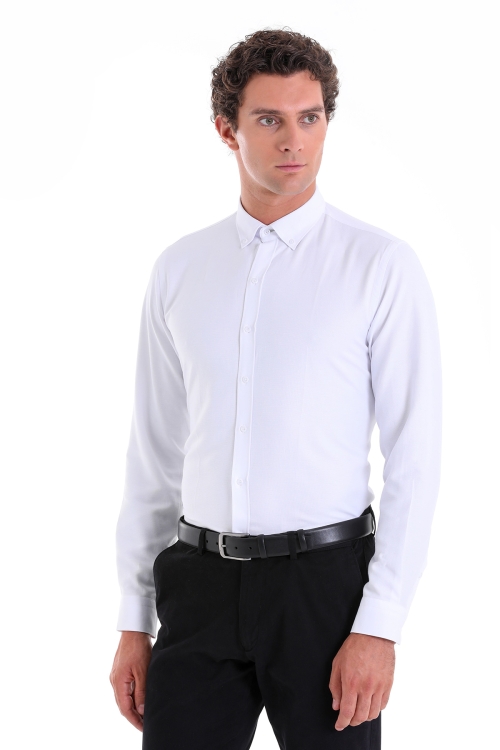 Beyaz Comfort Fit Düz Düğmeli Yaka Uzun Kollu Casual Oxford Gömlek - Thumbnail (2)