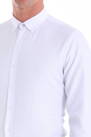 Beyaz Comfort Fit Düz Düğmeli Yaka Uzun Kollu Casual Oxford Gömlek - Thumbnail