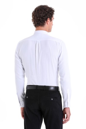 Beyaz Comfort Fit Düz Düğmeli Yaka Uzun Kollu Casual Oxford Gömlek - Thumbnail