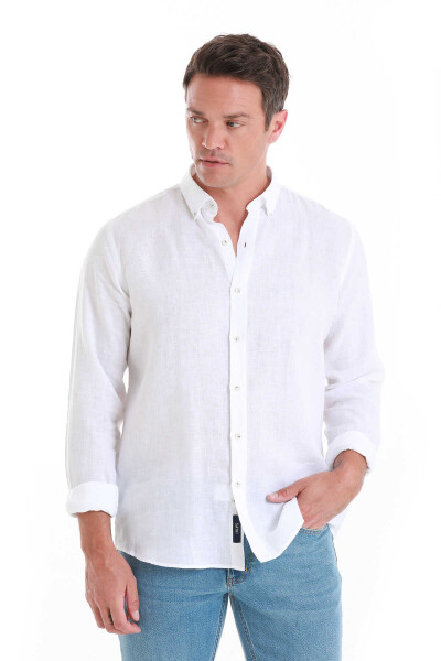 Beyaz Comfort Fit Düğmeli Yaka Uzun Kollu Keten Gömlek - 2