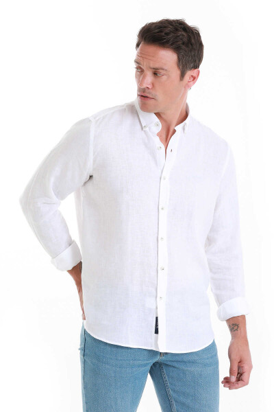 Beyaz Comfort Fit Düğmeli Yaka Uzun Kollu Keten Gömlek - 3