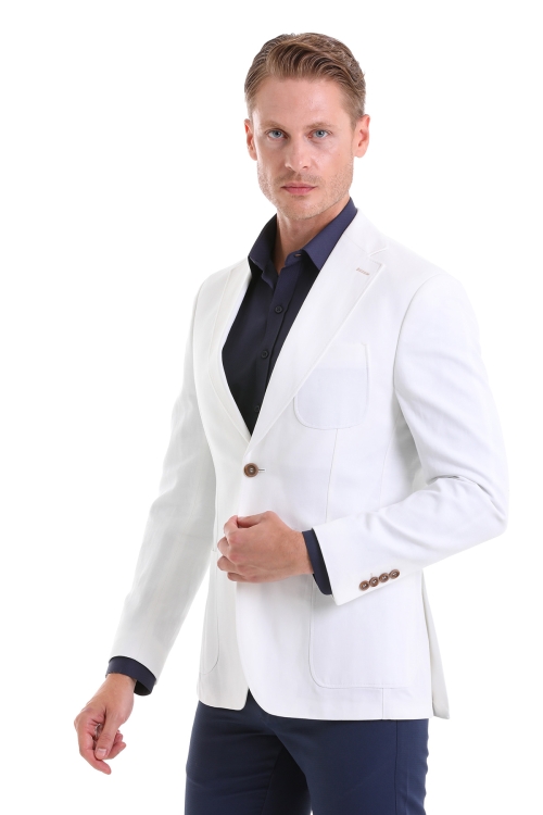 Hatem Saykı - Beyaz Comfort Fit Düz Mono Yaka Casual Keten Ceket