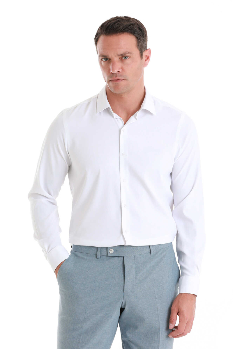 Beyaz Comfort Fit Slim Yaka Uzun Kollu Gömlek - Hatem Saykı