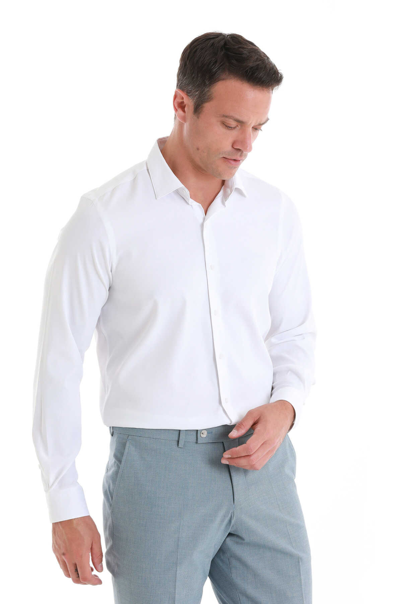 Beyaz Comfort Fit Slim Yaka Uzun Kollu Gömlek - Hatem Saykı (1)