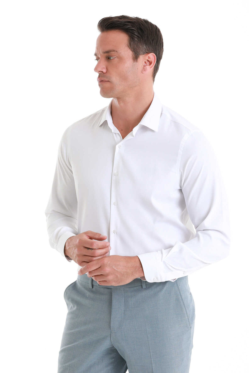 Beyaz Comfort Fit Slim Yaka Uzun Kollu Gömlek - Hatem Saykı (1)
