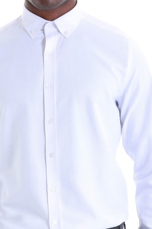 Beyaz Comfort Fit Desenli Pamuklu Düğmeli Yaka Uzun Kollu Casual Gömlek - Thumbnail