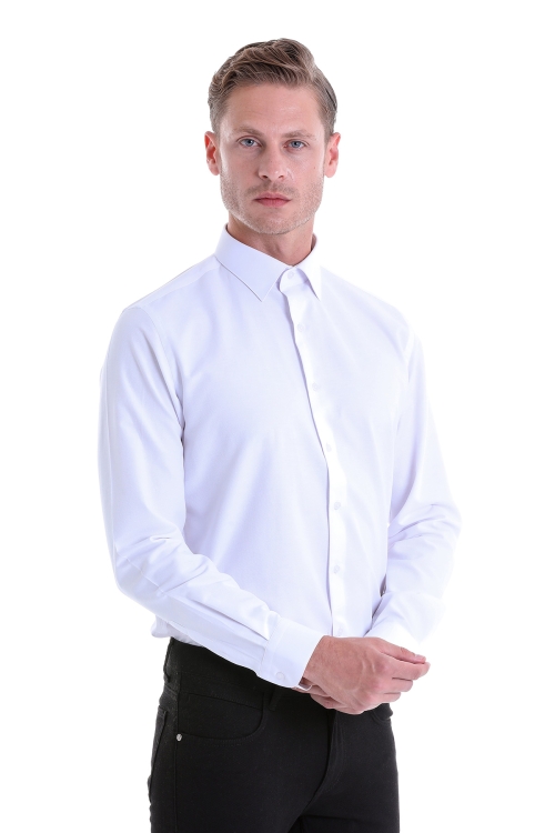 Hatemoğlu - Beyaz Comfort Fit Desenli Pamuklu Slim Yaka Uzun Kollu Klasik Gömlek