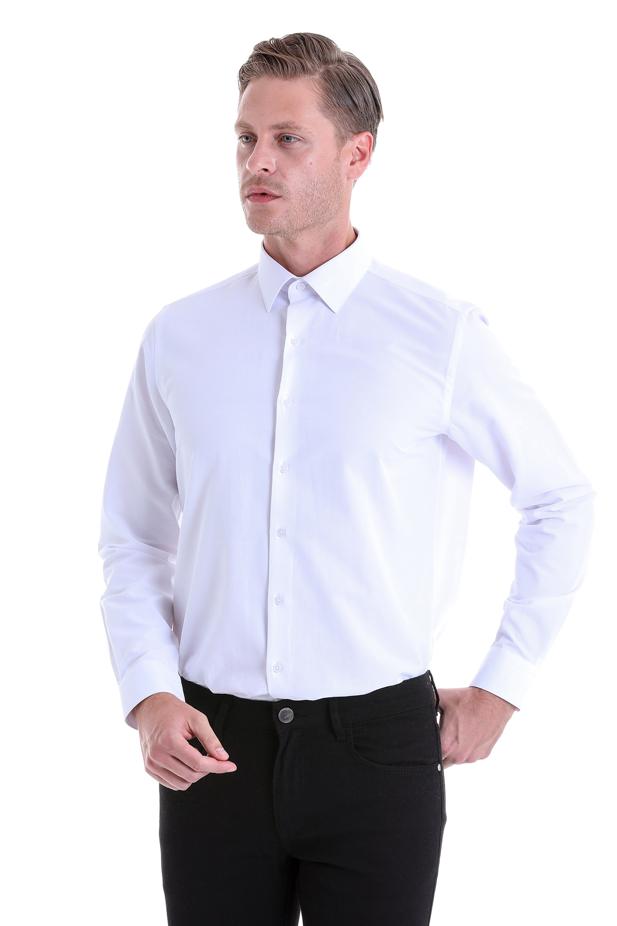Beyaz Comfort Fit Desenli Pamuklu Slim Yaka Uzun Kollu Klasik Gömlek