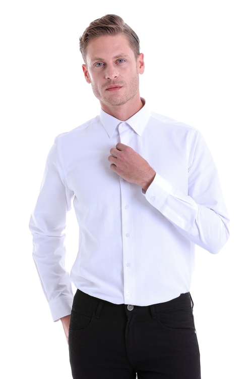 Beyaz Comfort Fit Desenli Pamuklu Slim Yaka Uzun Kollu Klasik Gömlek - Thumbnail (2)