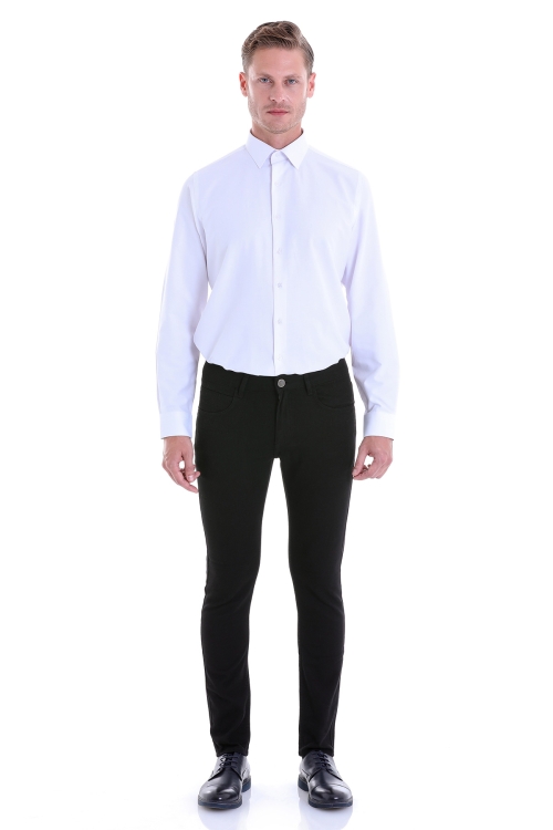 Beyaz Comfort Fit Desenli Pamuklu Slim Yaka Uzun Kollu Klasik Gömlek - Thumbnail (3)