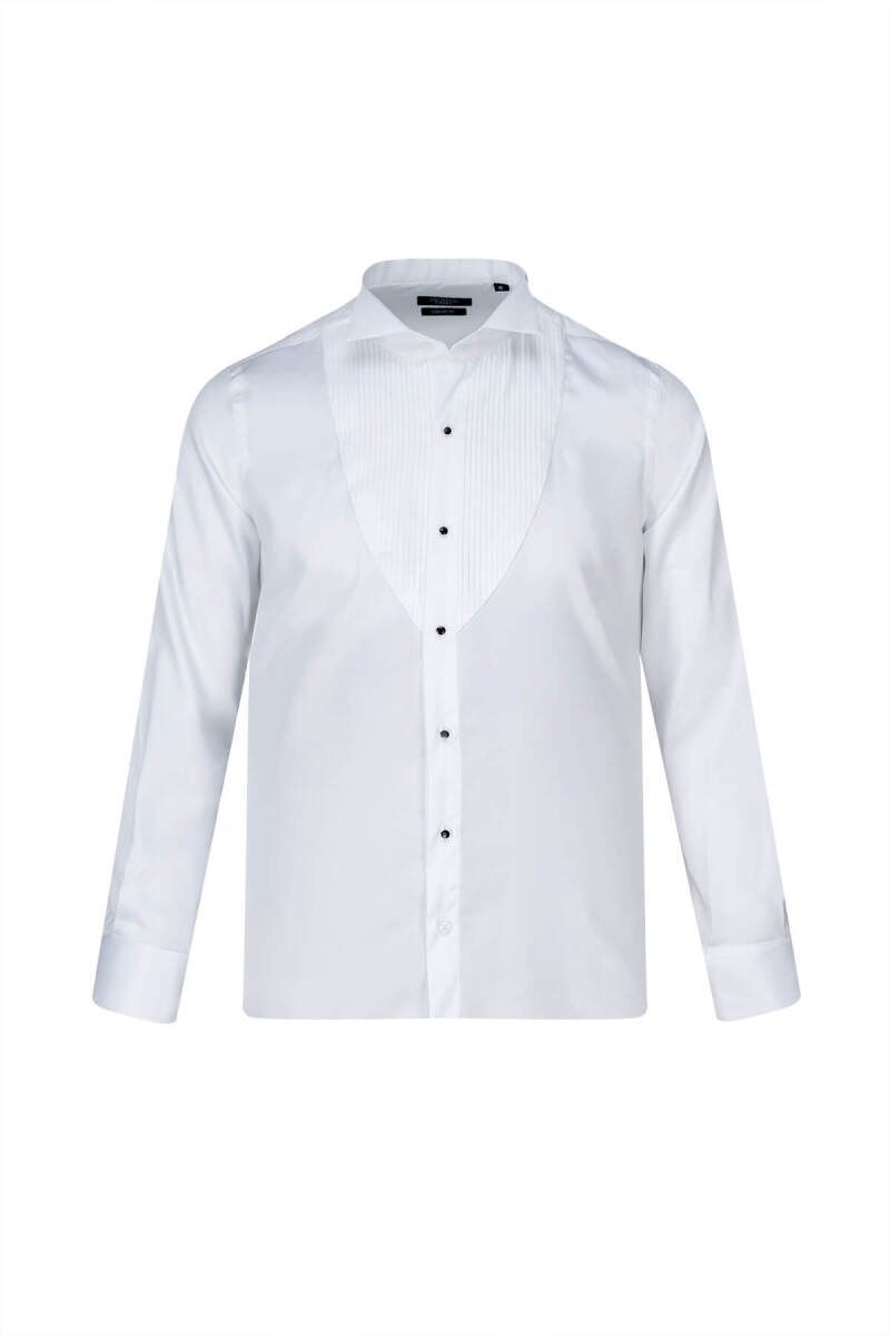Beyaz Comfort Fit Slim Yaka 100% Pamuk Manşetli Saten Klasik Gömlek