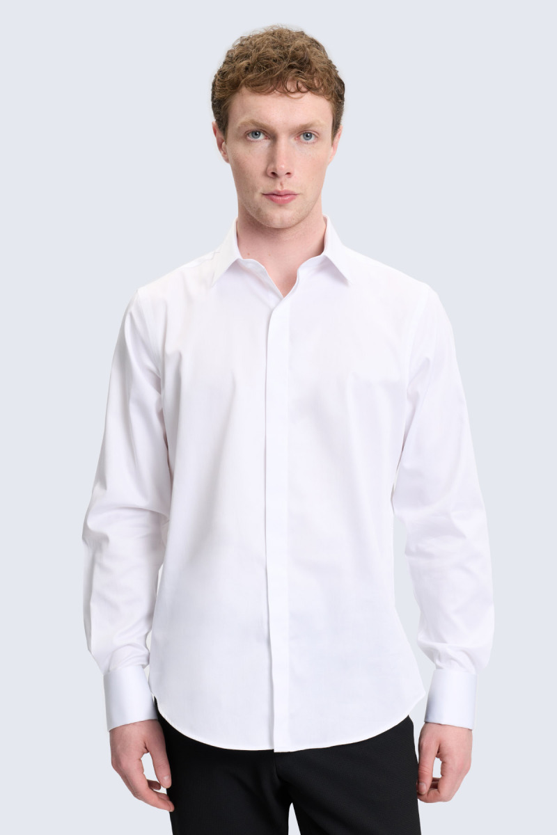 Beyaz Comfort Fit Slim Yaka 100% Pamuk Uzun Kollu Damatlık Gömlek