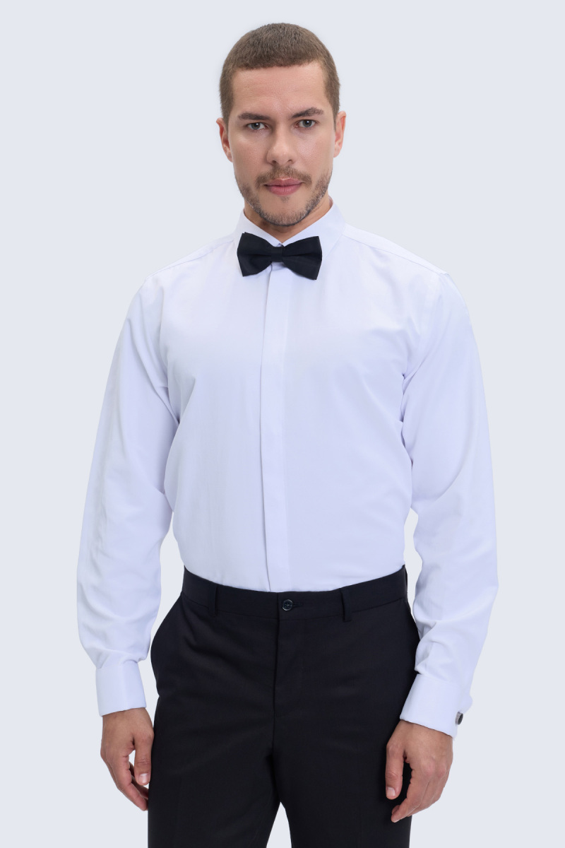 Beyaz Comfort Fit Slim Yaka Damatlık Gömlek