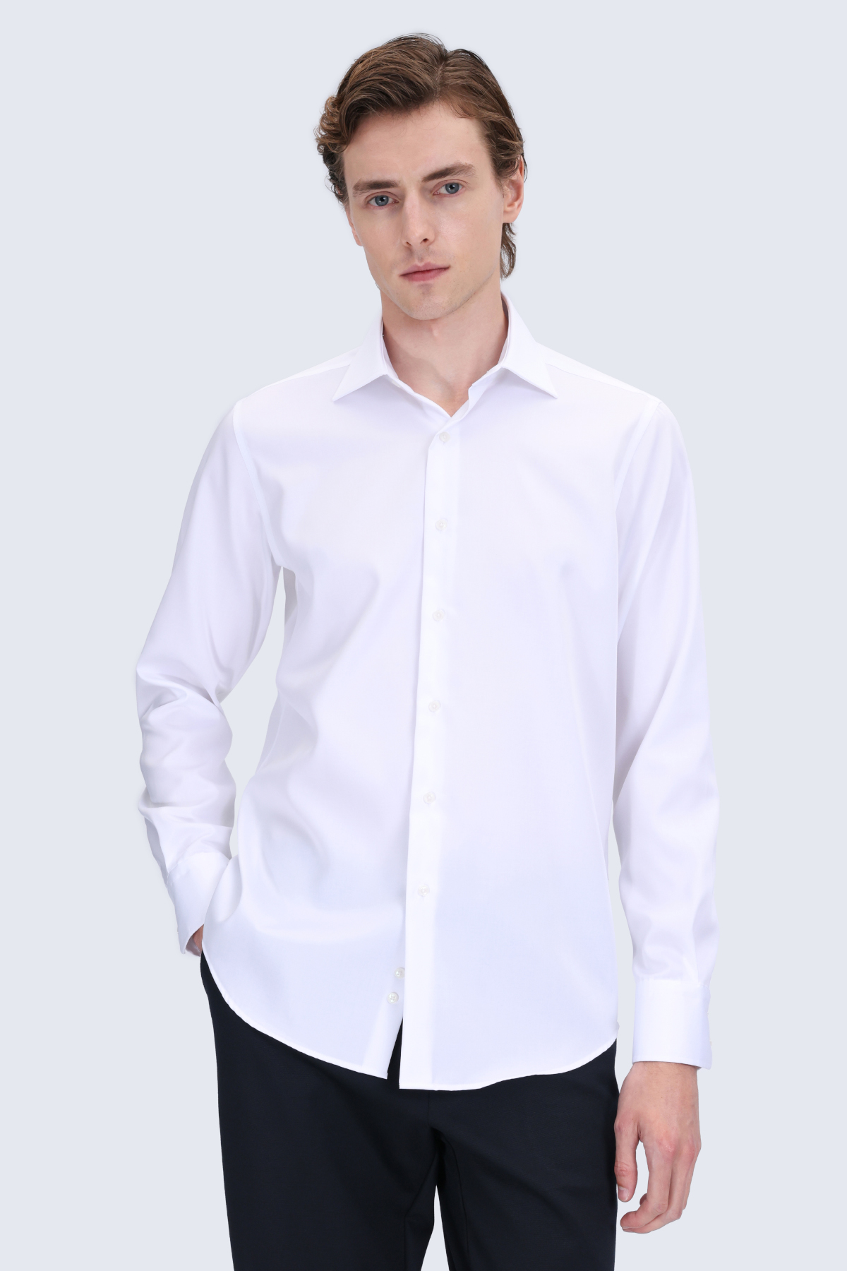 Beyaz Comfort Fit Slim Yaka Uzun Kollu Non Iron Saten Gömlek - 1