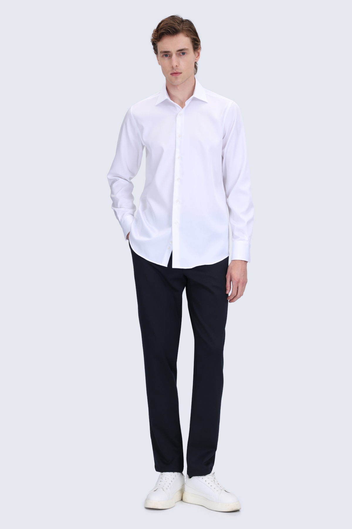 Beyaz Comfort Fit Slim Yaka Uzun Kollu Non Iron Saten Gömlek - 4