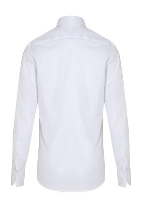 Beyaz Slim Fit Desenli 100% Pamuk Açık İtalyan Yaka Manşetli Uzun Kol Klasik Gömlek - Thumbnail