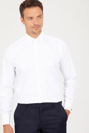 Beyaz Regular Fit Desenli 100% Pamuk Uzun Kol Manşetli Gömlek - Thumbnail