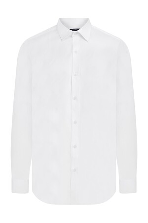 Beyaz Slim Fit Desenli 100% Pamuk Uzun Kol Spor Gömlek - Thumbnail