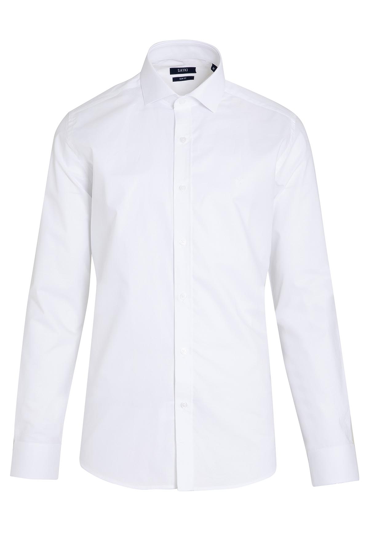 Beyaz Slim Fit Desenli 100% Pamuk Açık İtalyan Yaka Uzun Kollu Klasik Gömlek