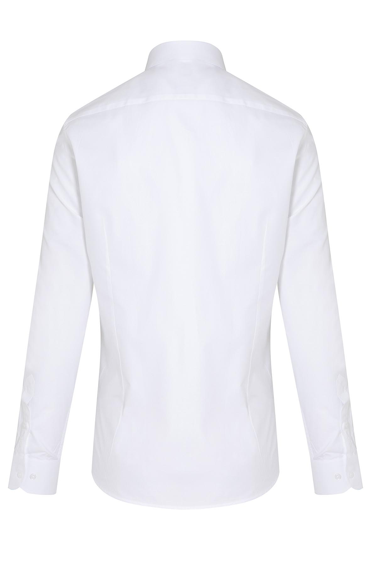Beyaz Slim Fit Desenli 100% Pamuk Açık İtalyan Yaka Uzun Kollu Klasik Gömlek