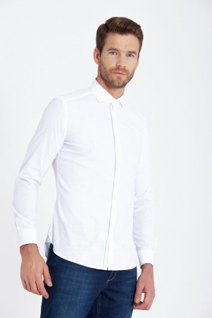 Beyaz Slim Fit Düz Pamuklu Uzun Kol Gömlek - Thumbnail