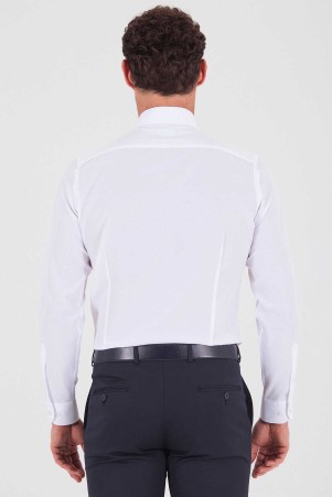 Beyaz Slim Fit Düz Pamuklu Uzun Kol Spor Gömlek - Thumbnail