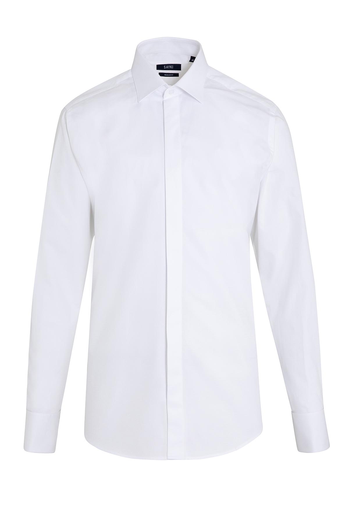 Beyaz Regular Fit Desenli 100% Pamuk Slim Yaka Manşetli Uzun Kol Klasik Gömlek