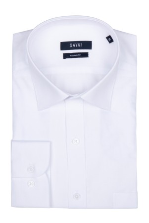Beyaz Regular Fit Düz 100% Pamuk Slim Yaka Uzun Kollu Klasik Gömlek - Thumbnail