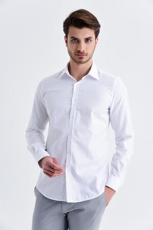 Beyaz Desenli Slim Fit Gömlek - Thumbnail