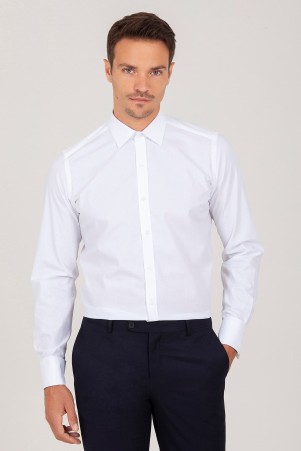 Beyaz Slim Fit Desenli 100% Pamuk Slim Yaka Manşetli Uzun Kol Klasik Gömlek - Thumbnail