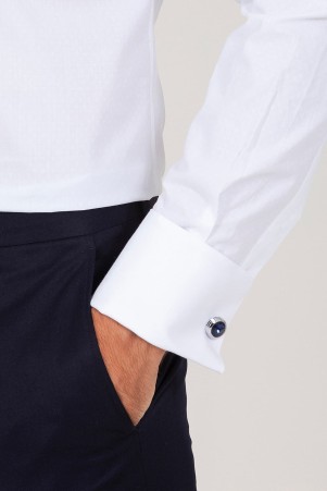 Beyaz Slim Fit Desenli 100% Pamuk Slim Yaka Manşetli Uzun Kol Klasik Gömlek - Thumbnail