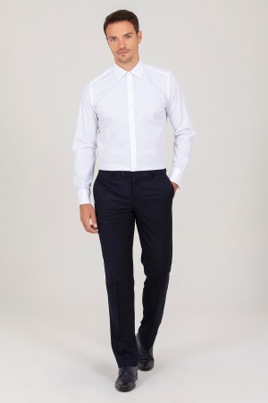 Beyaz Slim Fit Desenli 100% Pamuk Uzun Kol Manşetli Gömlek - Thumbnail