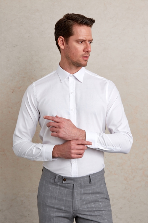 Beyaz Comfort Fit Desenli 100% Pamuk Slim Yaka Uzun Kollu Casual Gömlek - Thumbnail (1)