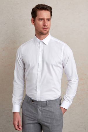 Beyaz Comfort Fit Desenli 100% Pamuk Slim Yaka Uzun Kollu Casual Gömlek - Thumbnail