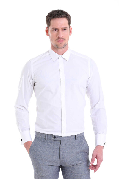 Beyaz Slim Fit Desenli 100% Pamuk Slim Yaka Manşetli Uzun Kol Klasik Gömlek - 1