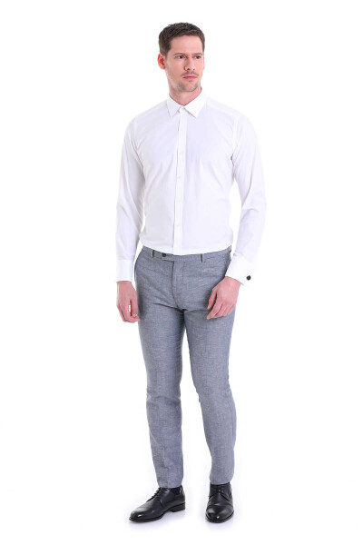 Beyaz Slim Fit Desenli 100% Pamuk Slim Yaka Manşetli Uzun Kol Klasik Gömlek - 5