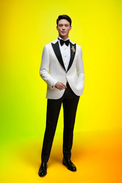 Beyaz Slim Fit Desenli Şal Yaka Klasik Smokin Damatlık - 1