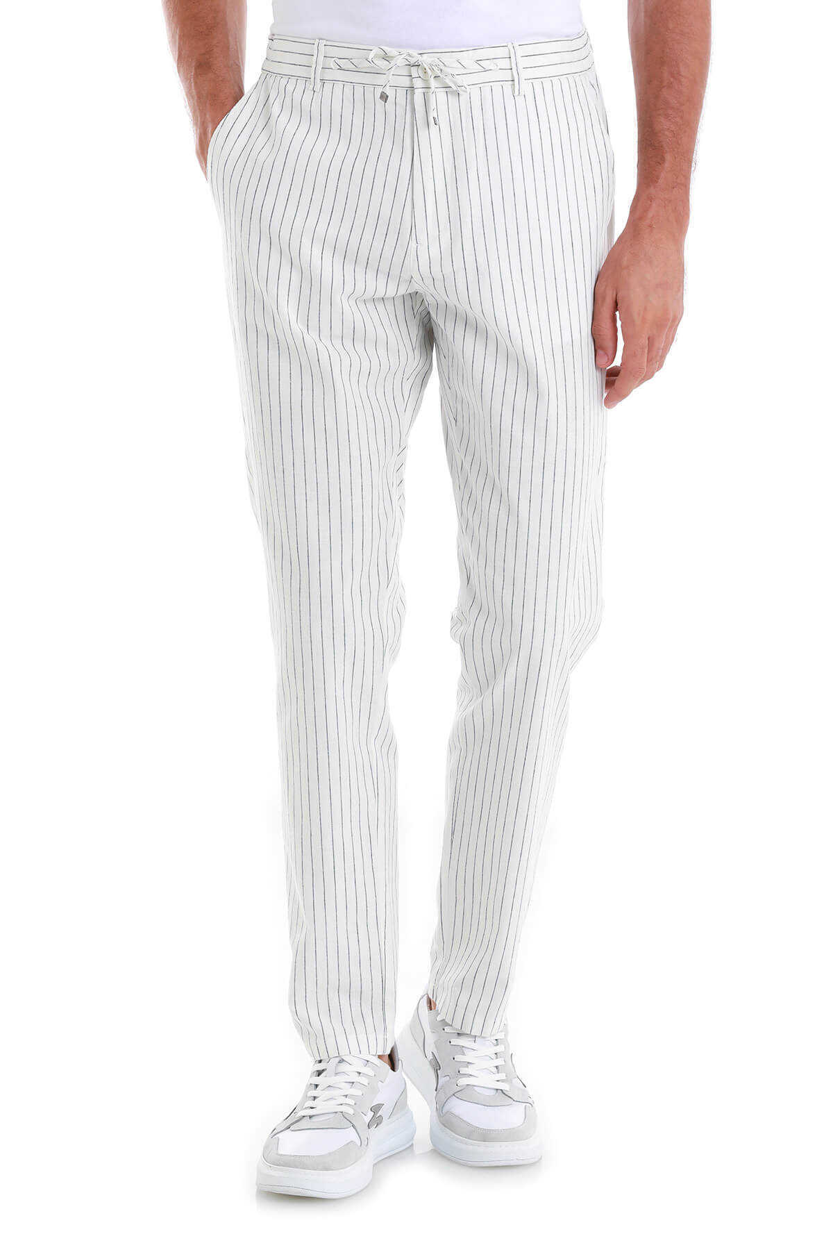 Beyaz Dinamik Fit Çizgili Yandan Cepli Kanvas Pantolon - 1