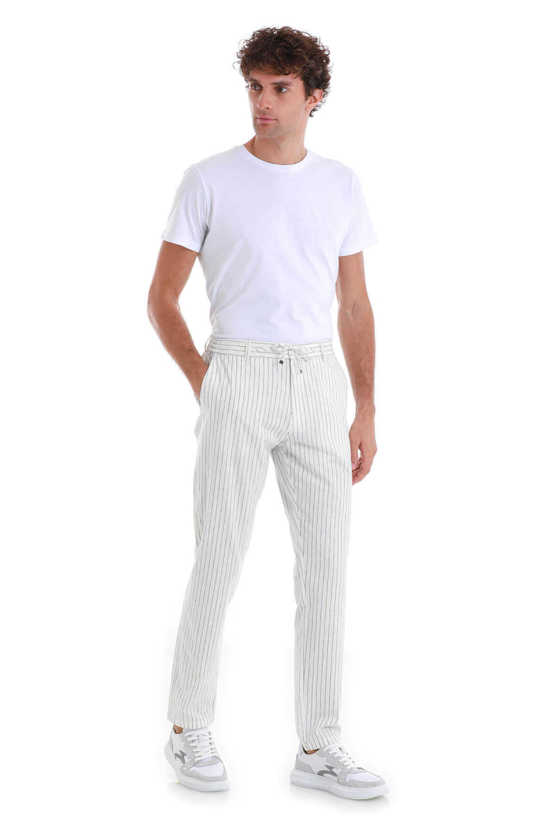 Beyaz Dinamik Fit Çizgili Yandan Cepli Kanvas Pantolon - Hatem Saykı (1)