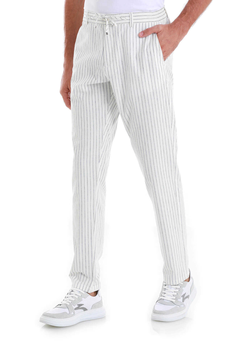Beyaz Dinamik Fit Çizgili Yandan Cepli Kanvas Pantolon - Hatem Saykı (1)