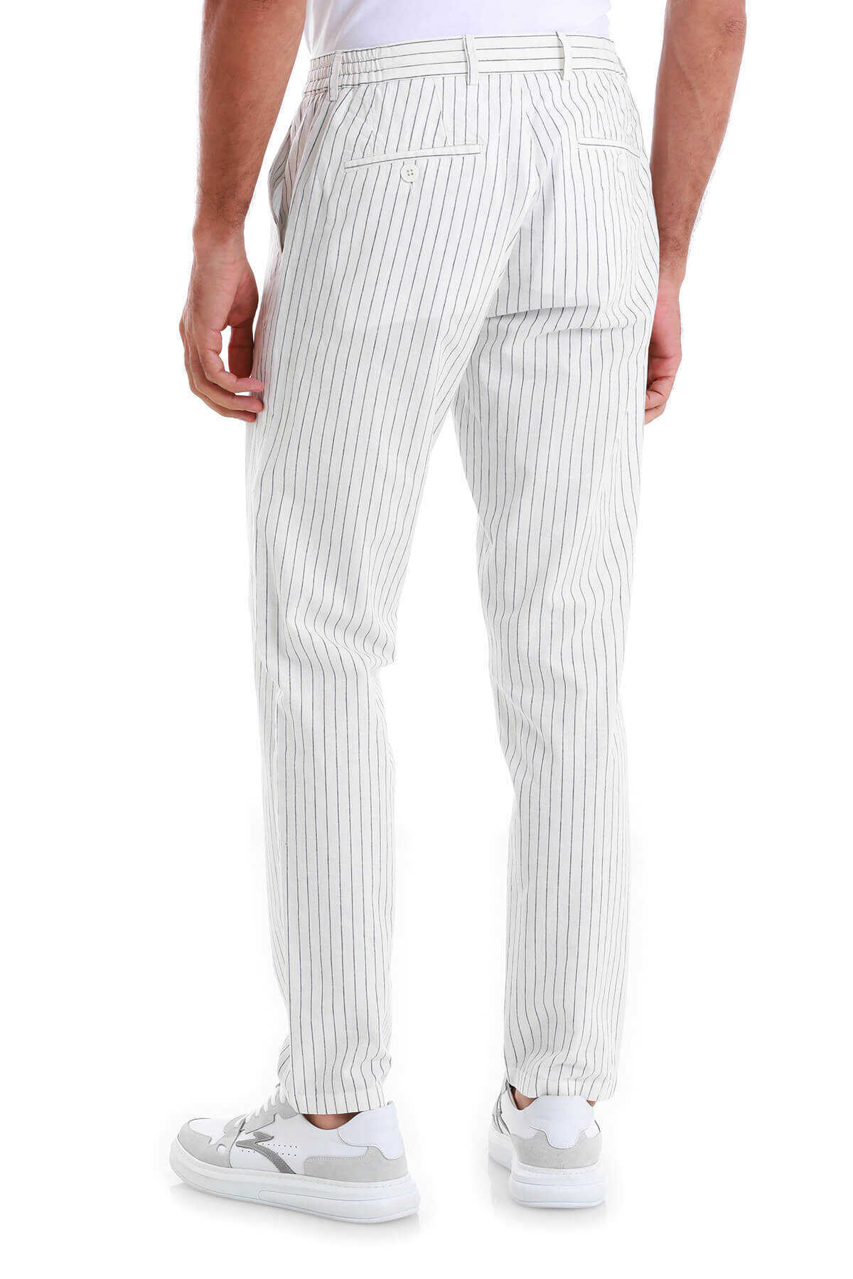 Beyaz Dinamik Fit Çizgili Yandan Cepli Kanvas Pantolon - 5