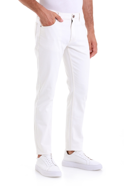 Hatem Saykı - Beyaz Dinamik Fit Düz Pamuklu 5 Cep Kot Pantolon